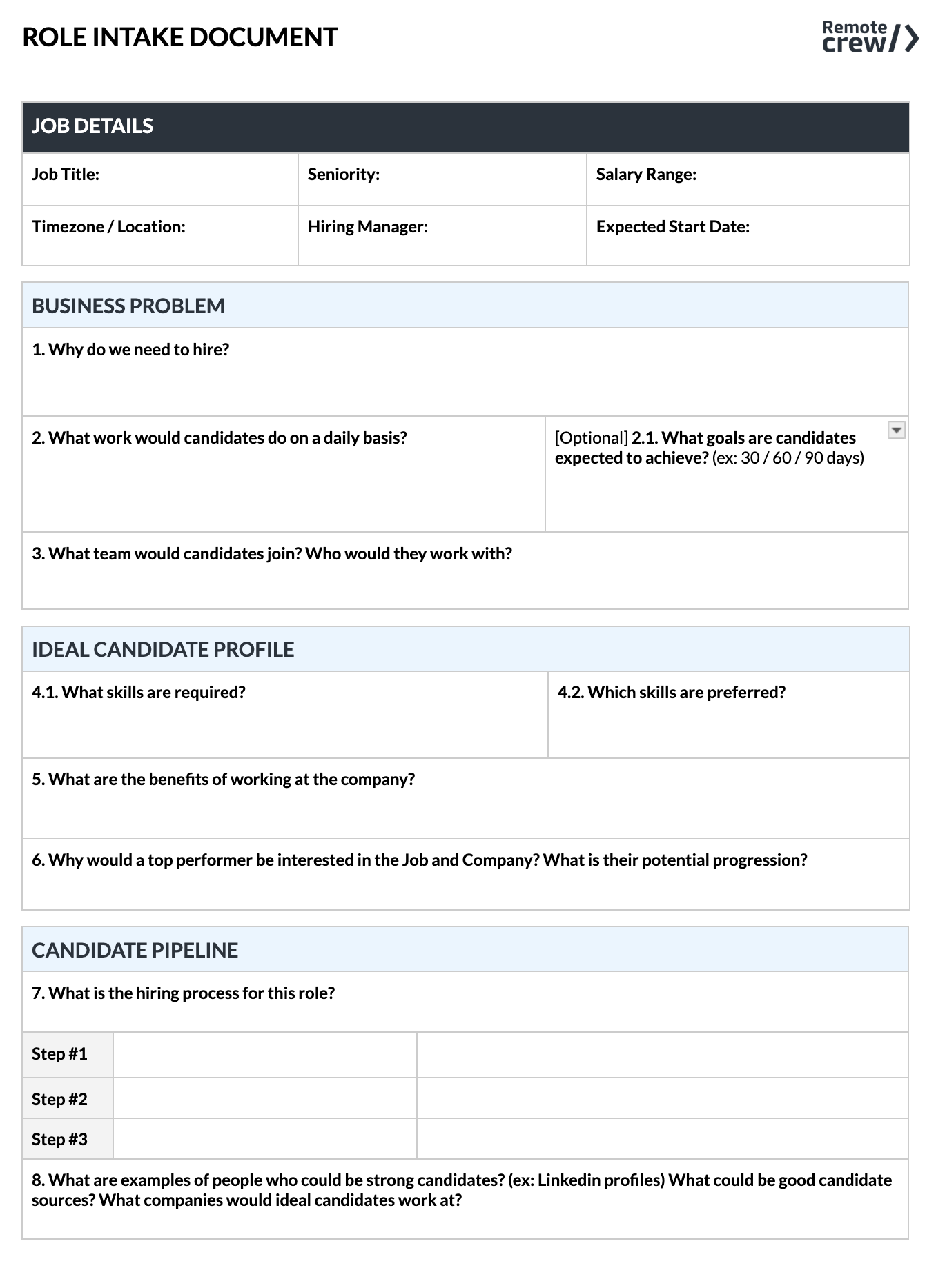 Role intake document